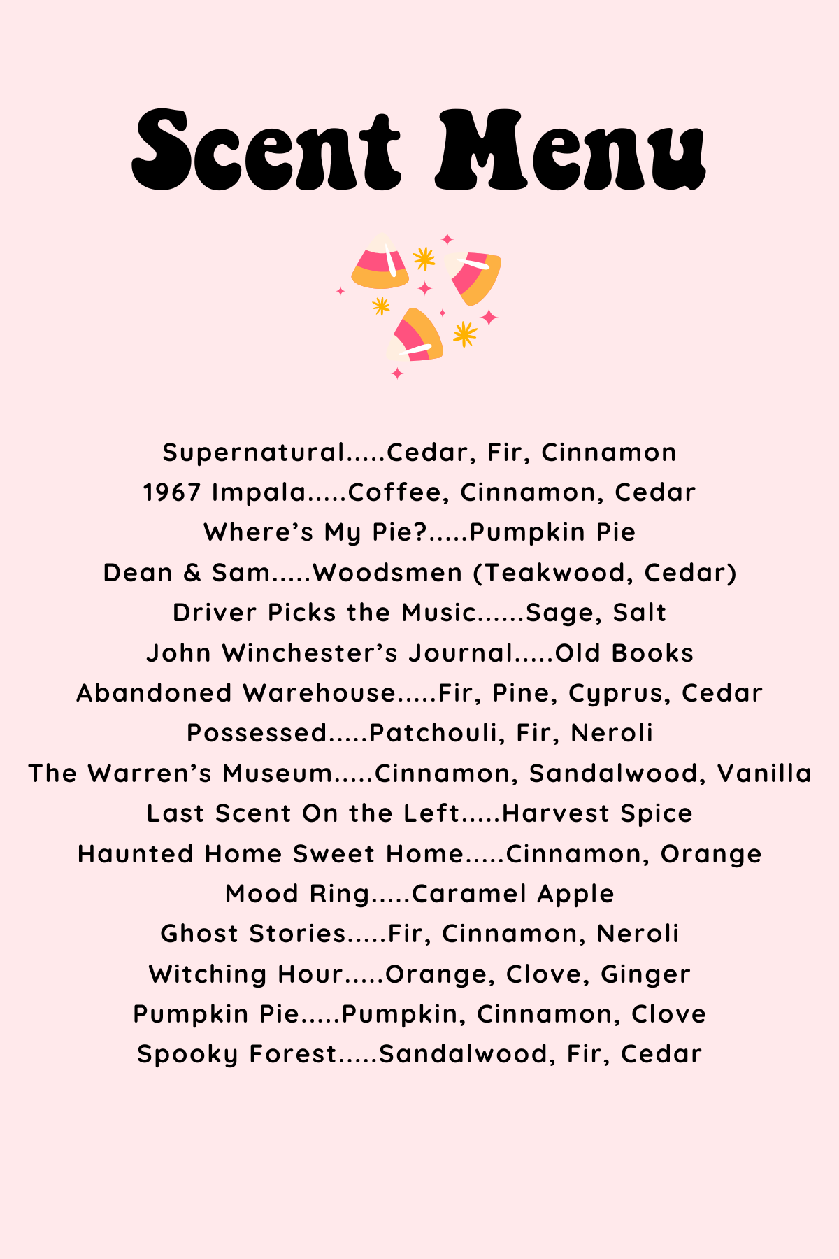 Scent menu with various fragrance names and descriptions on a pink background