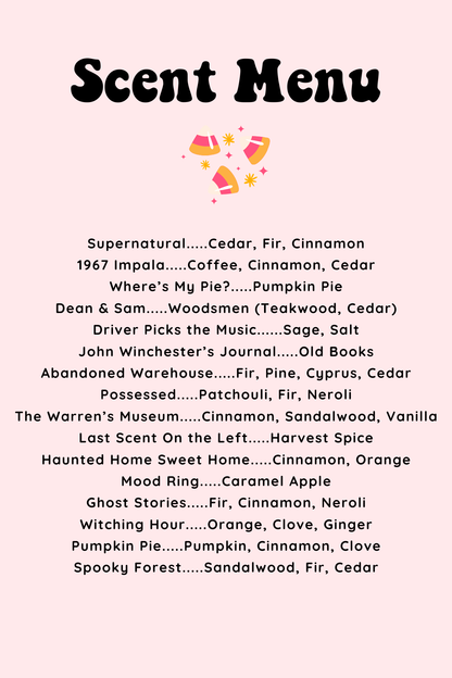Scent menu with various fragrance names and descriptions on a pink background