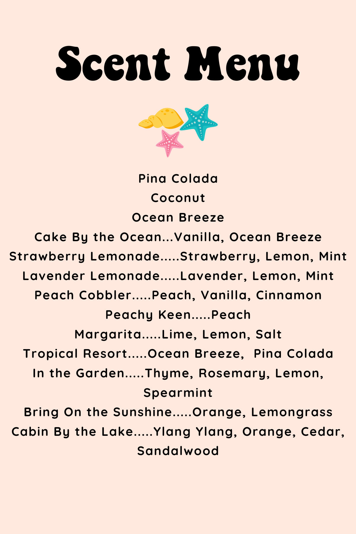 Scent menu with various scents listed on a beige background