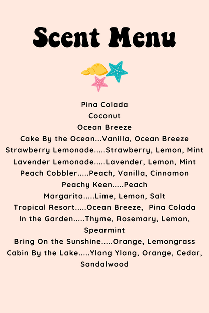 Scent menu with various scents listed on a beige background