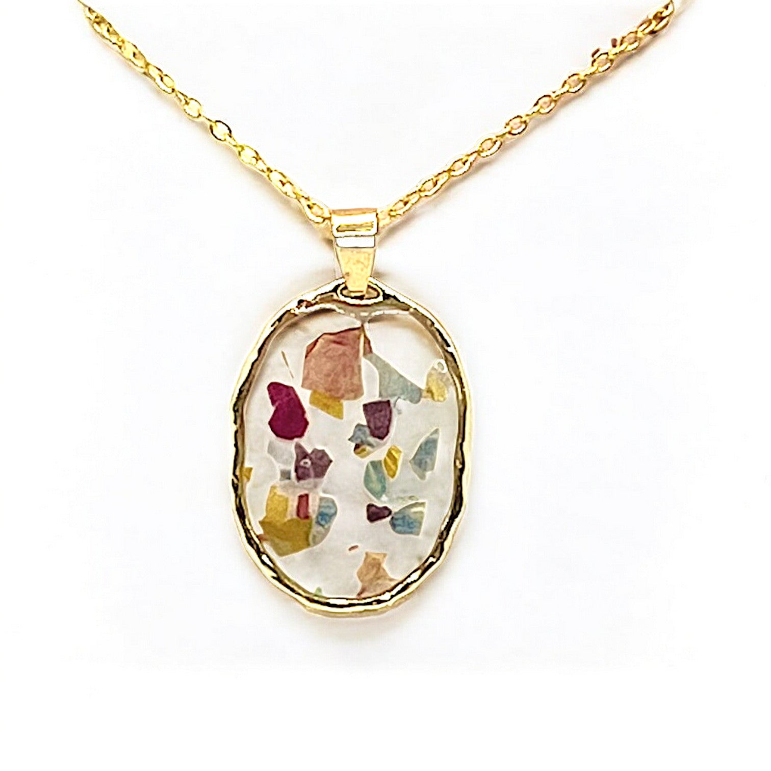Gold Oval Necklace Pendant On Gold Chain Filled With Mutlicolor Real Flower Confetti