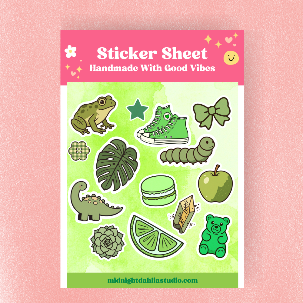 Sticker sheet with green stickers on a pink background