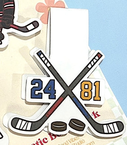 Hockey-themed stickers with crossed sticks and numbers on a textured background