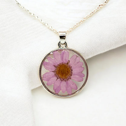 Light Purple Lavender Daisy Real Pressed Flower Necklace.  Great gift for woman women teen.