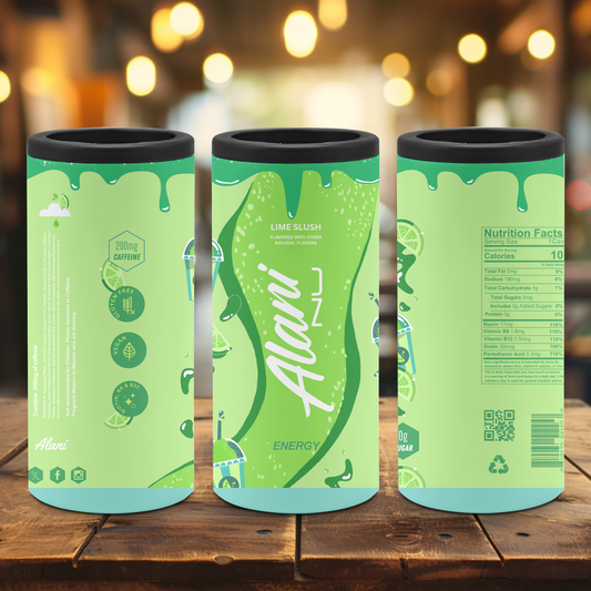 Three green energy drink cans with 'Alani' branding on a wooden surface.