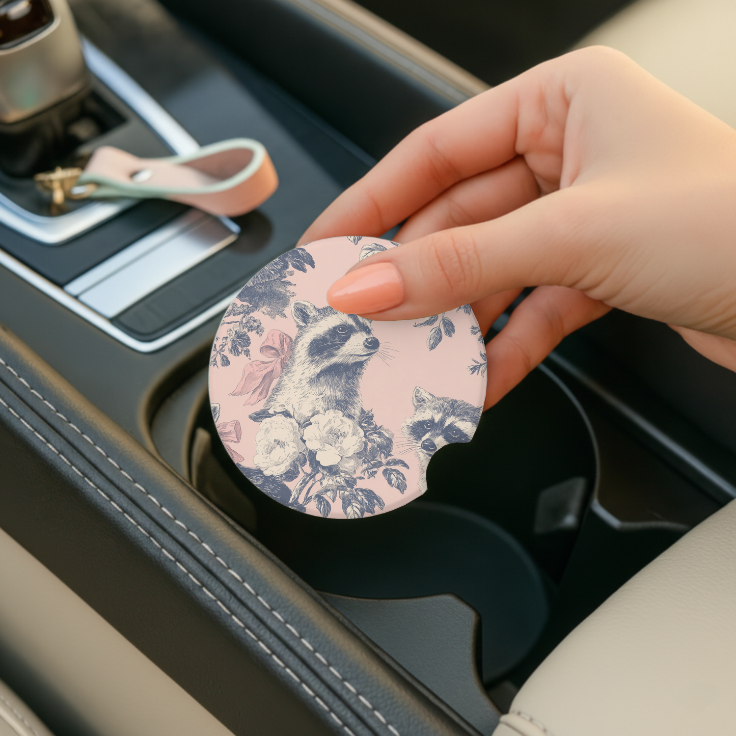 Raccoon Floral Car Coaster Set