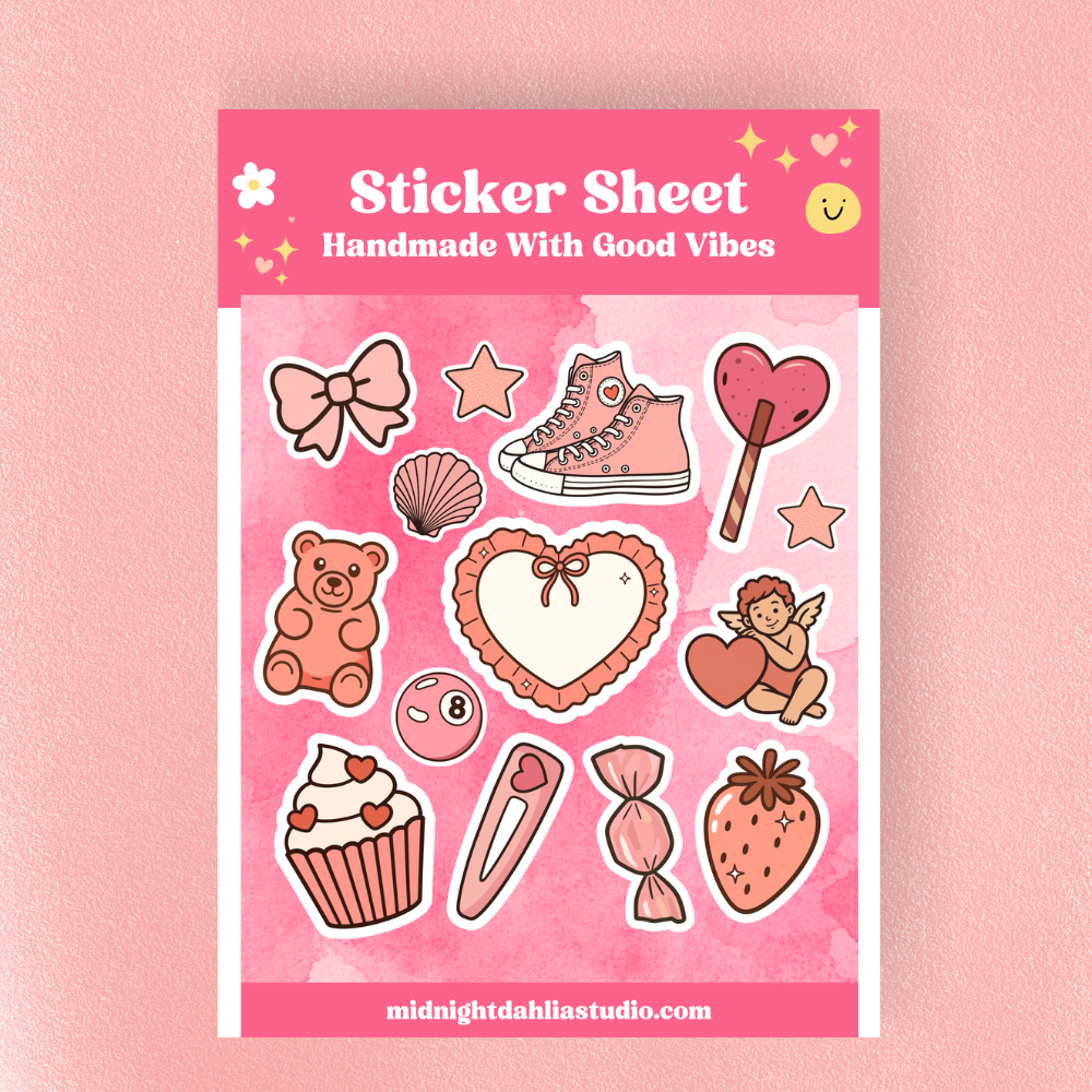 Sticker sheet with various cute illustrations on a pink background