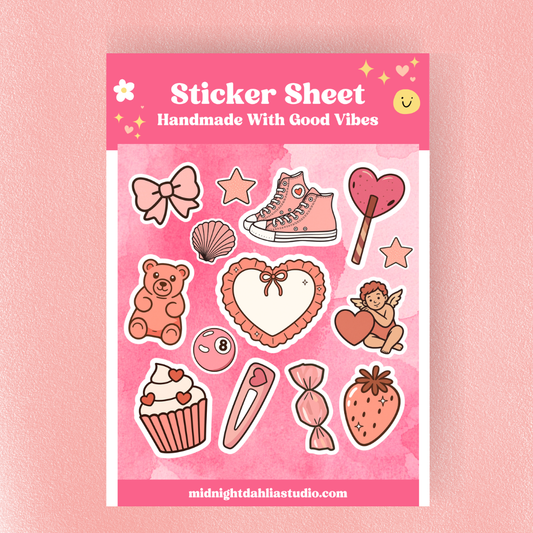 Sticker sheet with various cute illustrations on a pink background