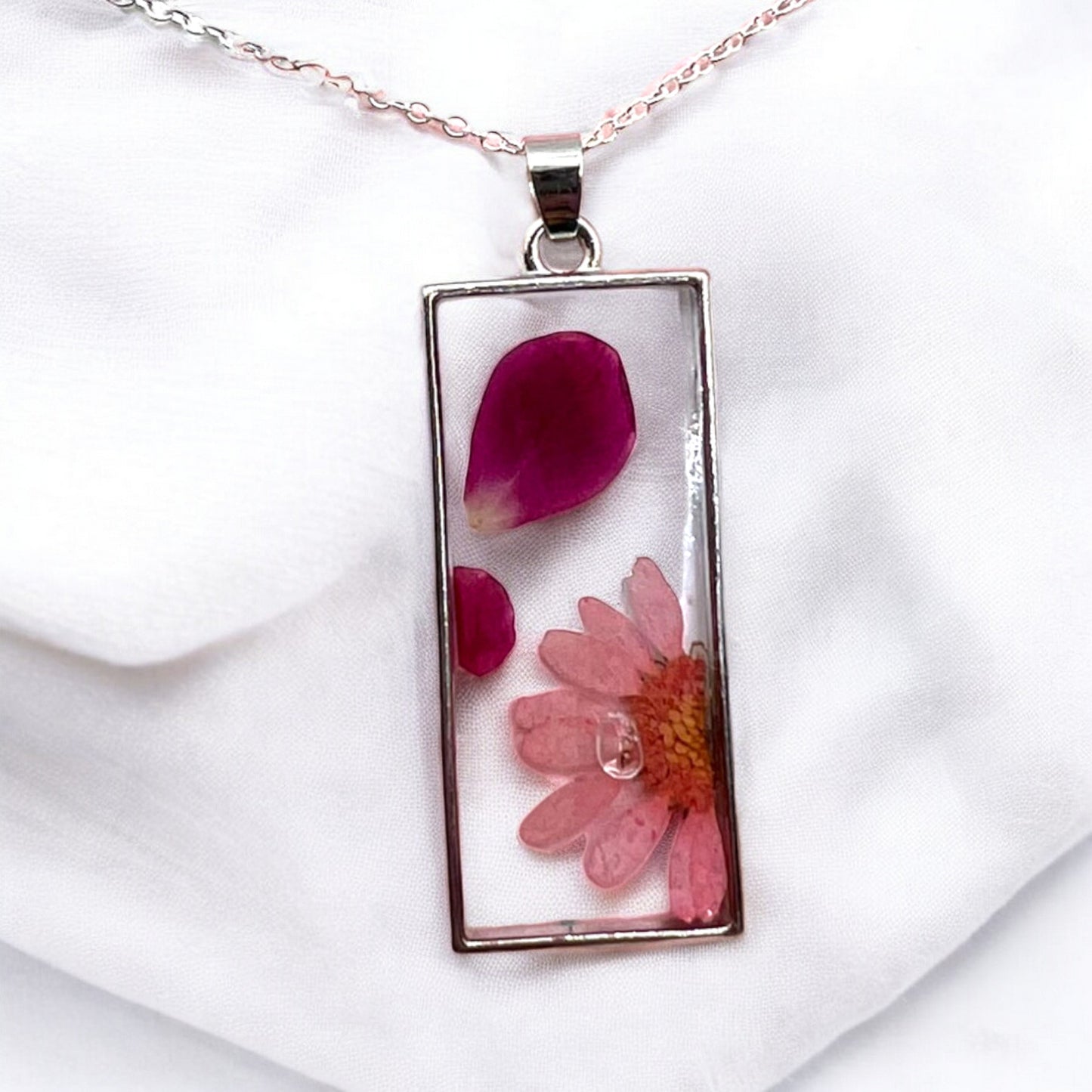Pink Daisy and Rose Petal Real Pressed Flower Necklace.  Great gift for woman women teen.