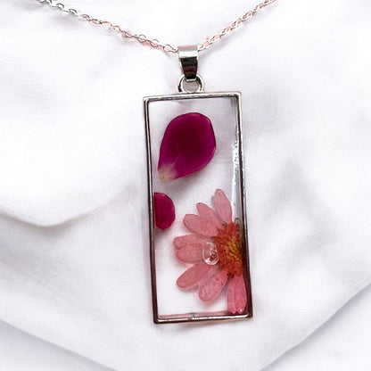 Pink Daisy and Rose Petal Real Pressed Flower Necklace.  Great gift for woman women teen.