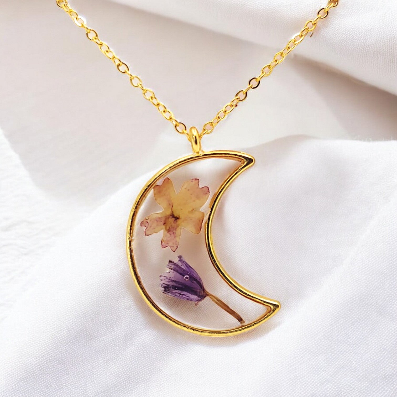Pink Forget Me Note and purple statice Real Pressed Flower Necklace.  Great gift for woman women teen.