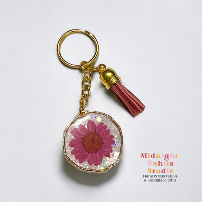 Real pressed flower keychain hot pink daisy.  Great gift for woman women and teen.