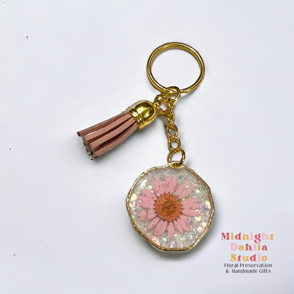 Real pressed flower keychain pink daisy.  Great gift for woman women and teen.