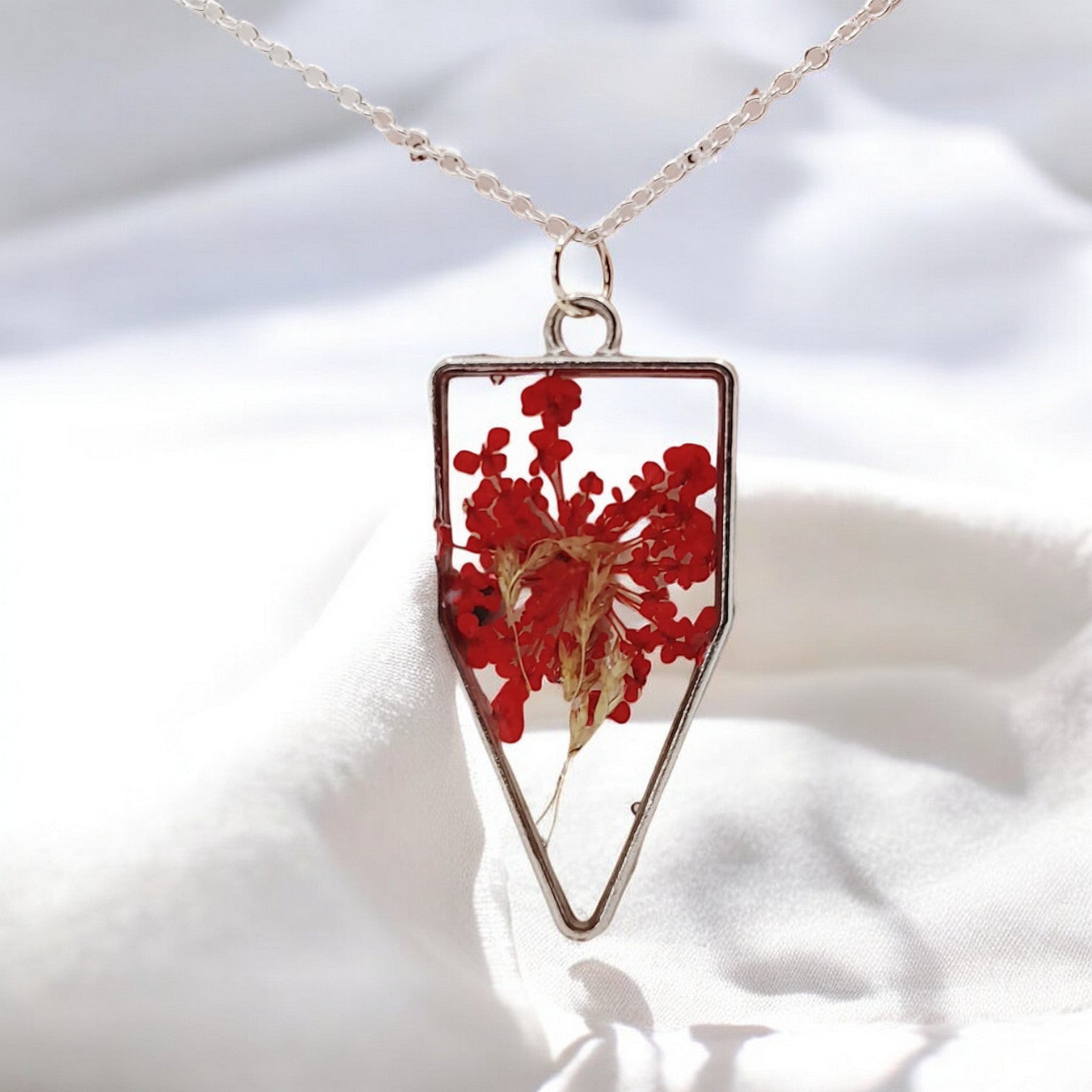 Red Queen Annes Lace Real Pressed Flower Necklace.  Great gift for woman women teen.