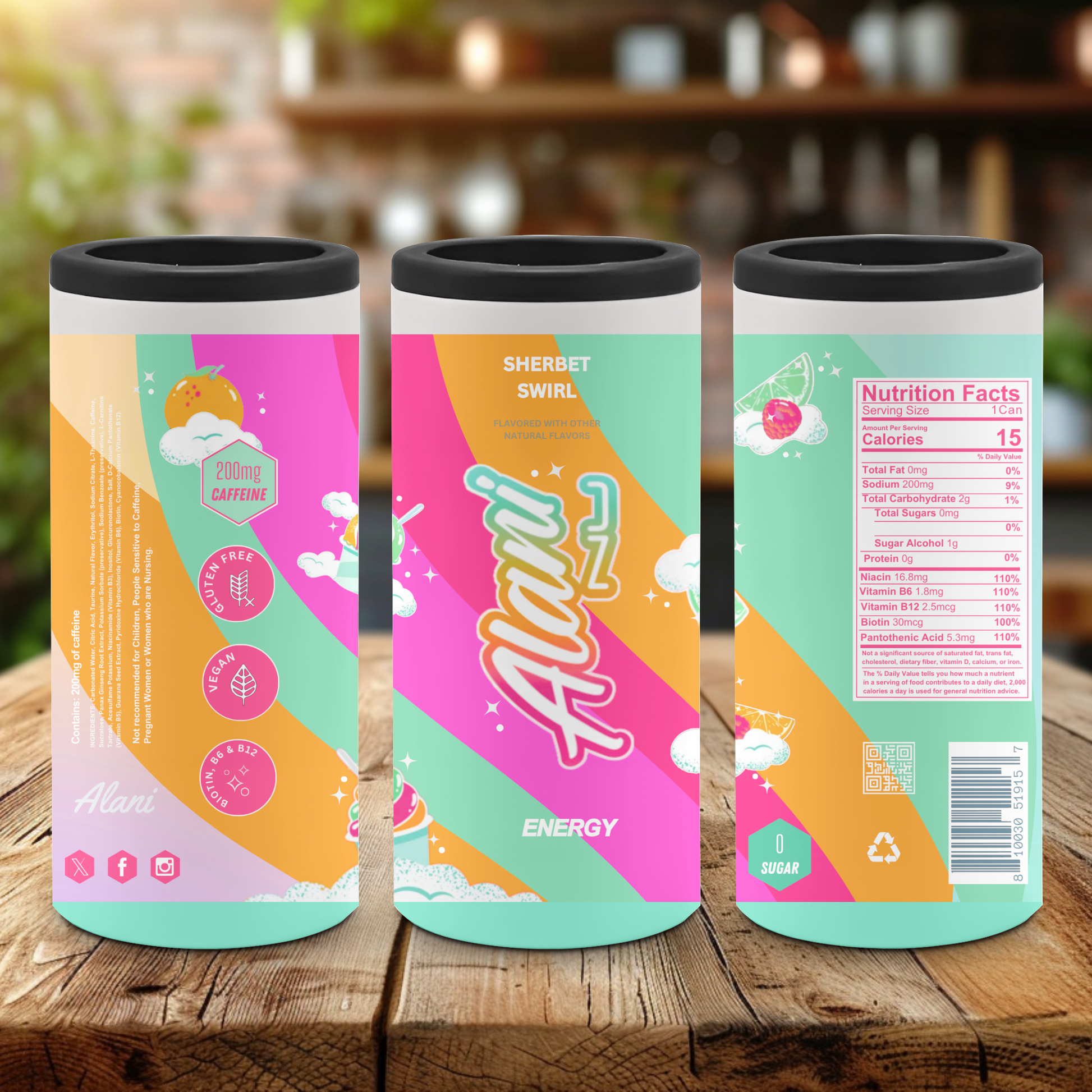 Three colorful energy drink cans on a wooden surface with a blurred background.