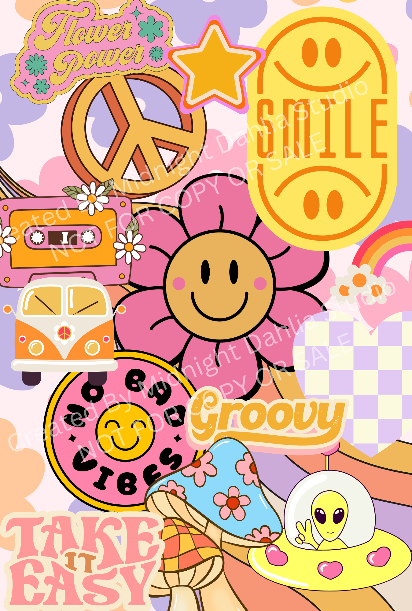 Colorful retro-style poster with peace signs, flowers, and text on a pink background