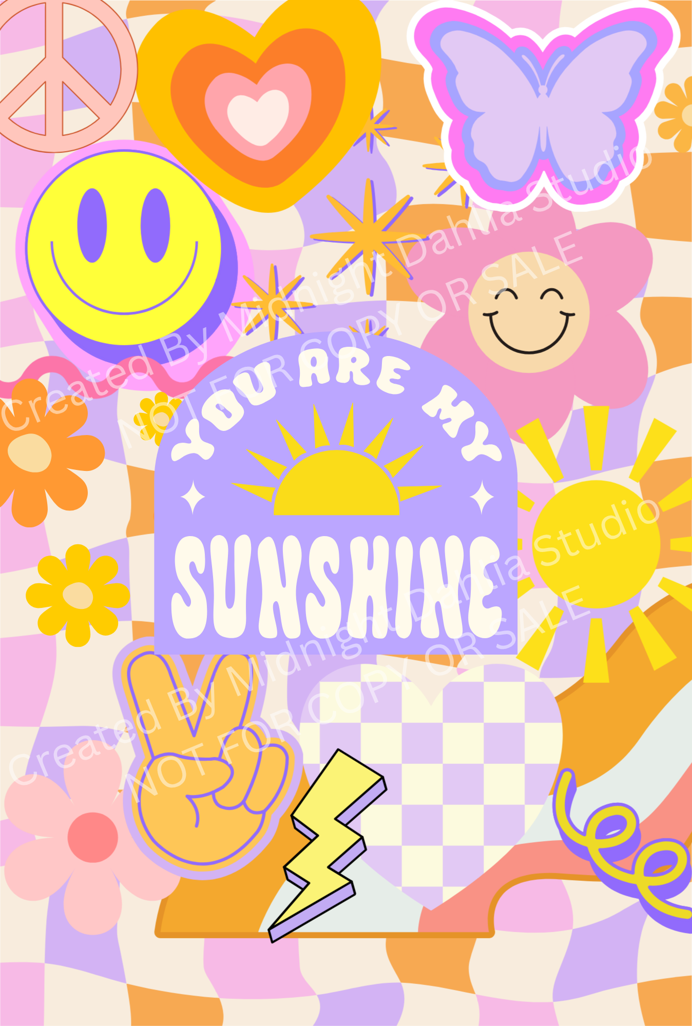 Colorful design with 'You are my sunshine' text, smiley face, peace sign, and butterflies on a checkered background.