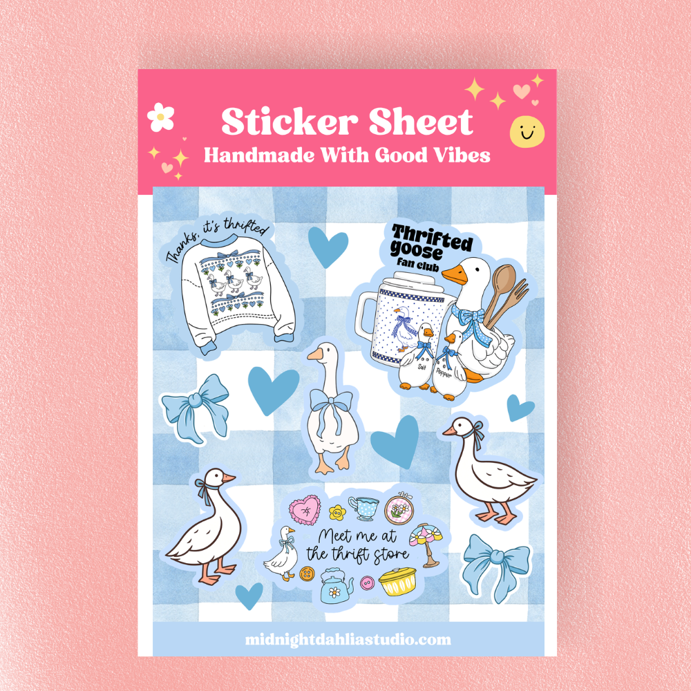 Sticker sheet with illustrated items on a blue background