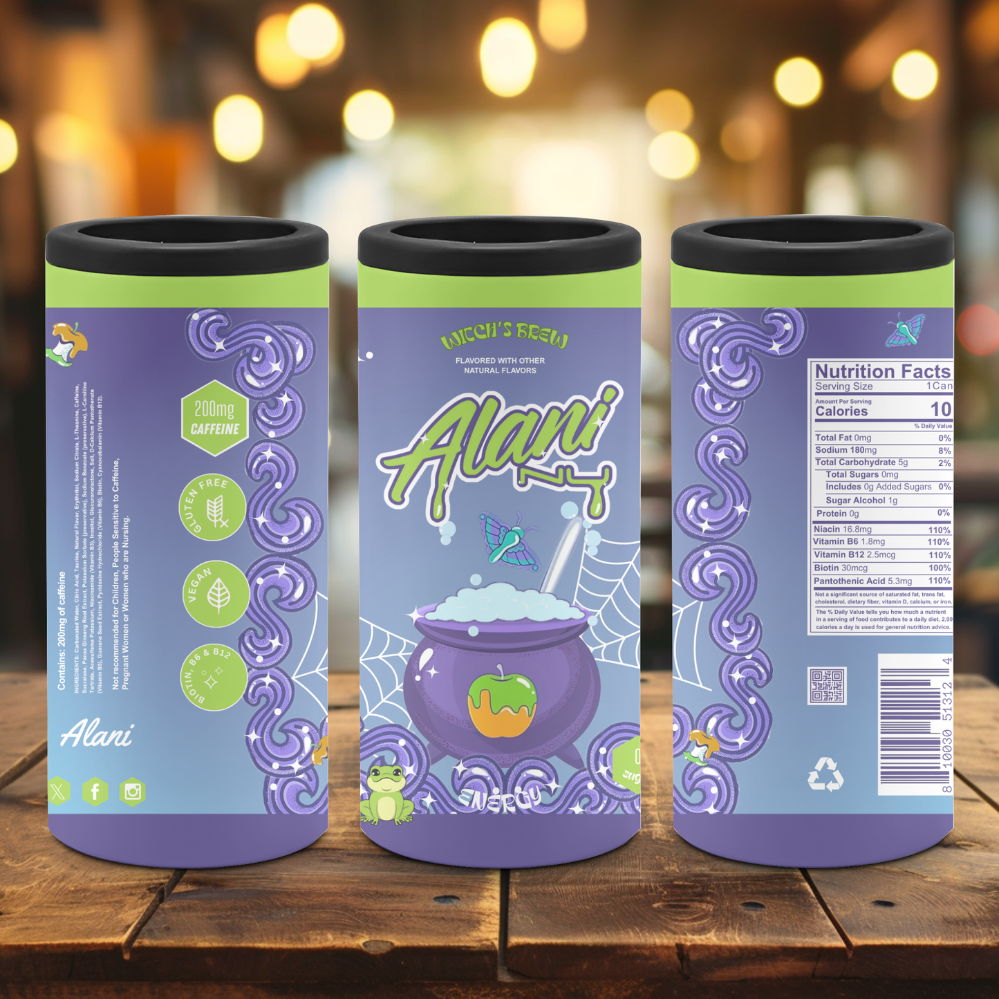 Three purple and green Alani energy drink containers on a wooden surface with a blurred background.