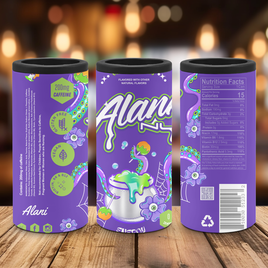 Three views of a purple cylindrical canister labeled Alani, featuring a spooky slime-themed design with purple flowers, green slime, and a skull graphic, displayed on a wooden surface with a blurred warm background.