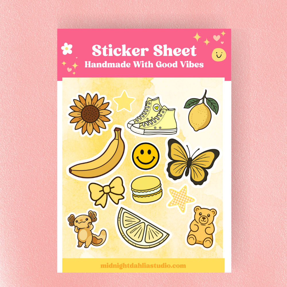 Sticker sheet with various illustrations on a pink background