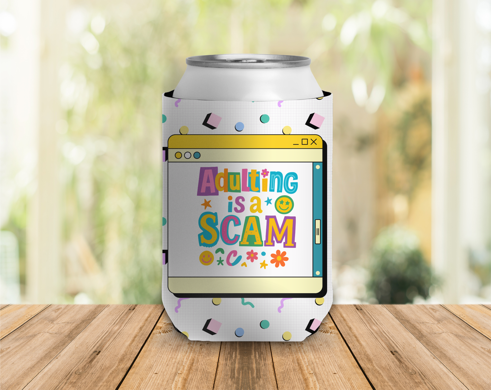 a can cooler with a 90's pattern that reads 'adulting is a scam'