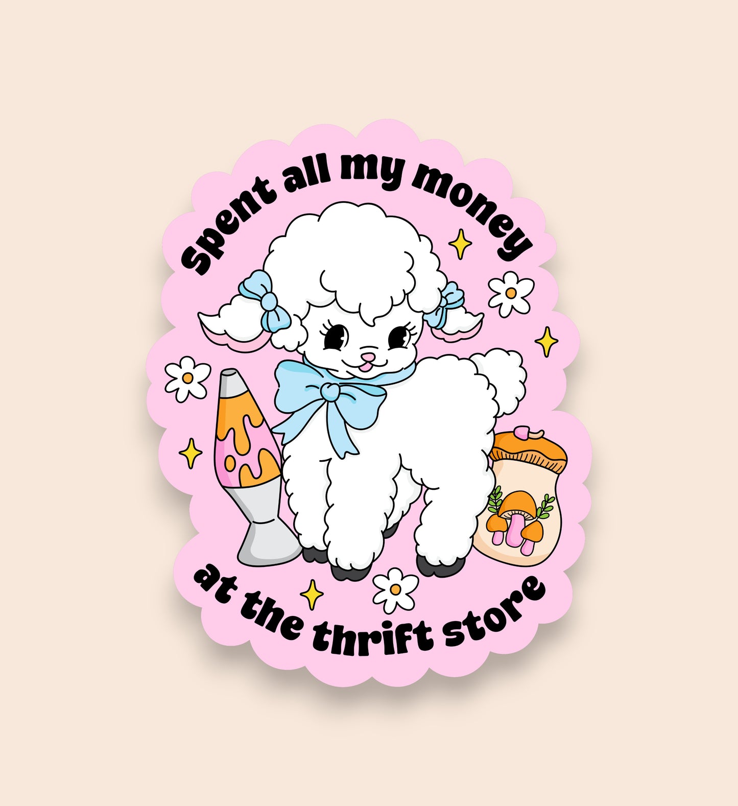 Sticker with a cartoon poodle and text on a pink background