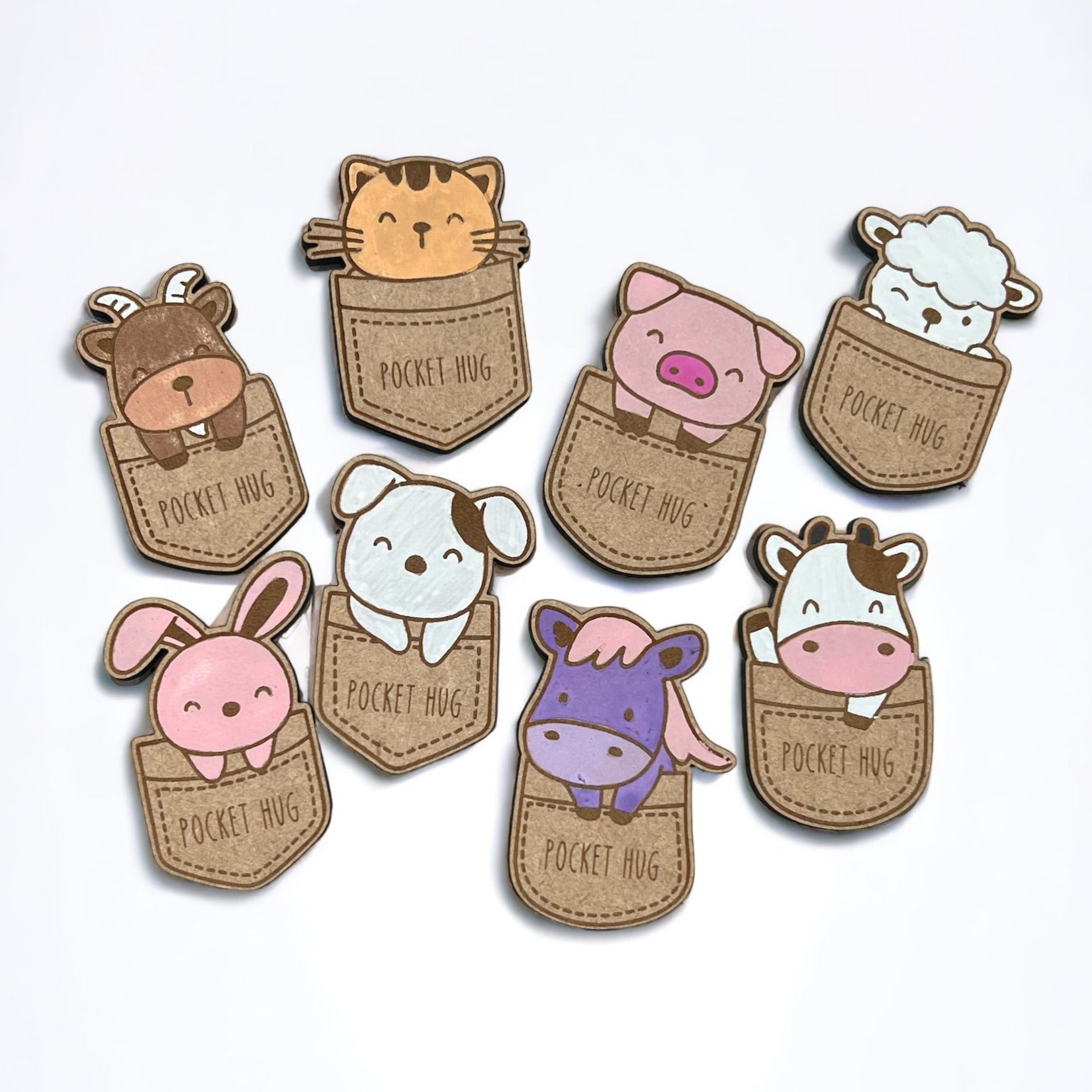 a collection of pocket hug animals, animals sticking out of a pocket that reads pocket hug.  the animals are a deer, bunny, dog, cat, pig, horse, cow, and sheep.