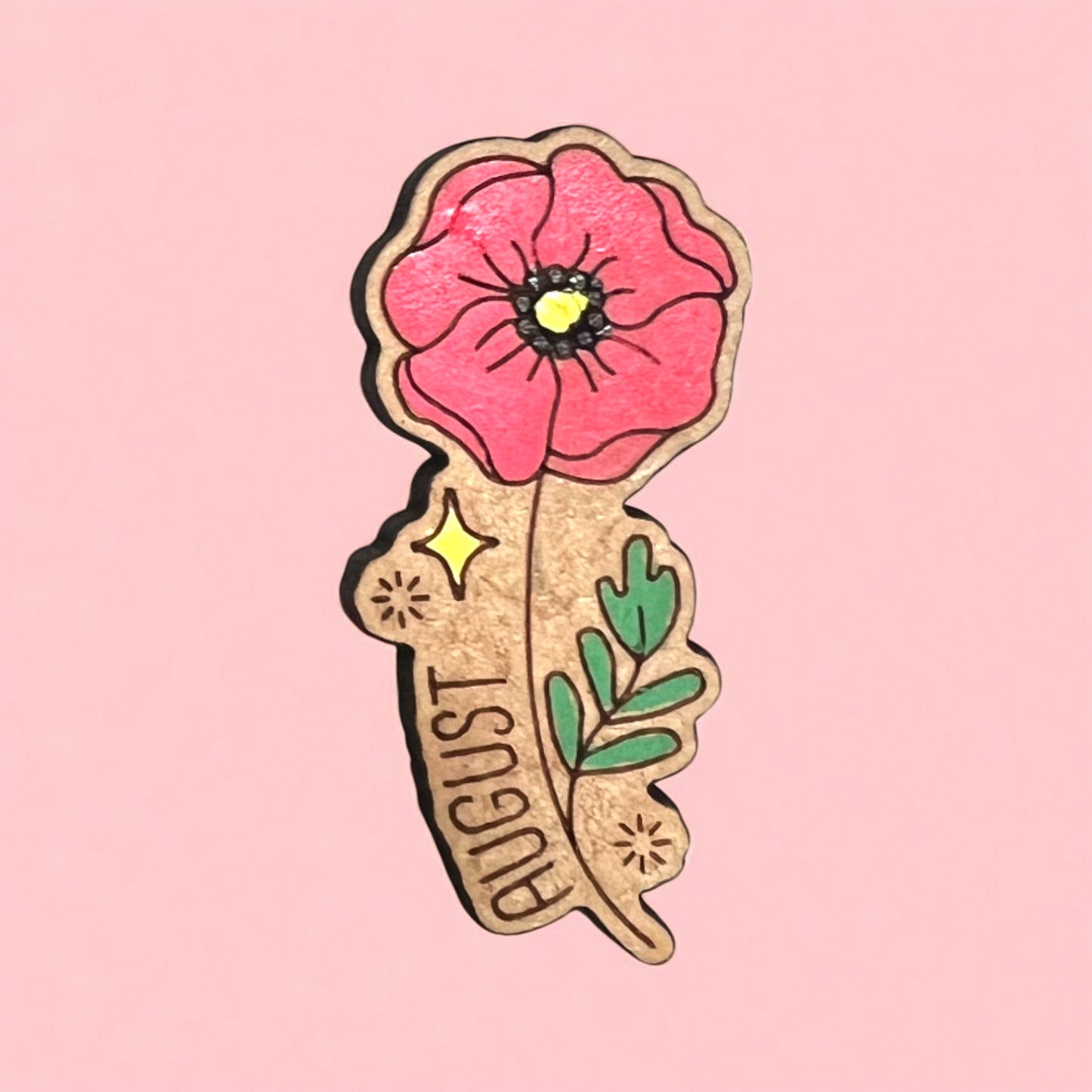 magnet with a cartoon style flower of each birth flower with the month typed on it, all hand-painted and laser cut