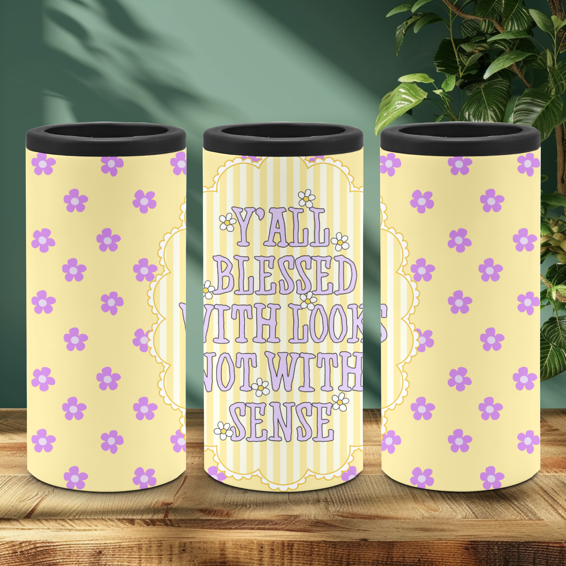 A slim can cooler set with a playful pattern