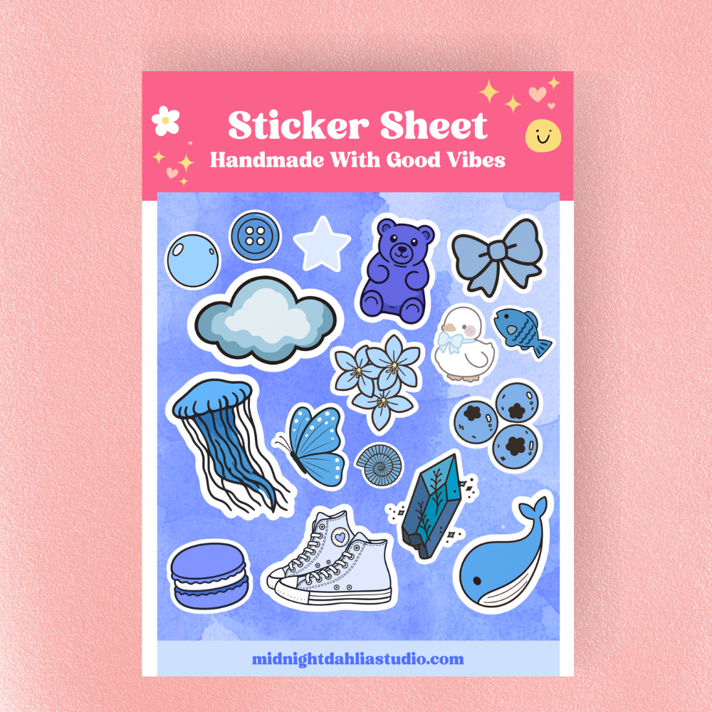 Sticker sheet with various blue-themed stickers on a pink background