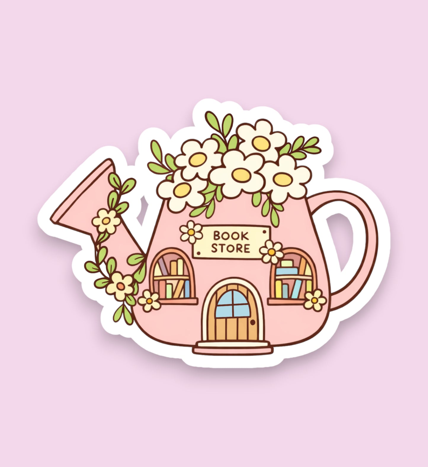 Sticker of a pink watering can shaped like a book store with flowers on a light pink background