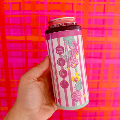 Hand holding a colorful can against a pink and orange checkered background