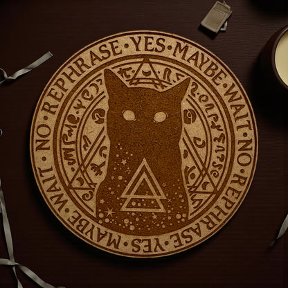 Decorative mat with a cat design and text on a brown surface