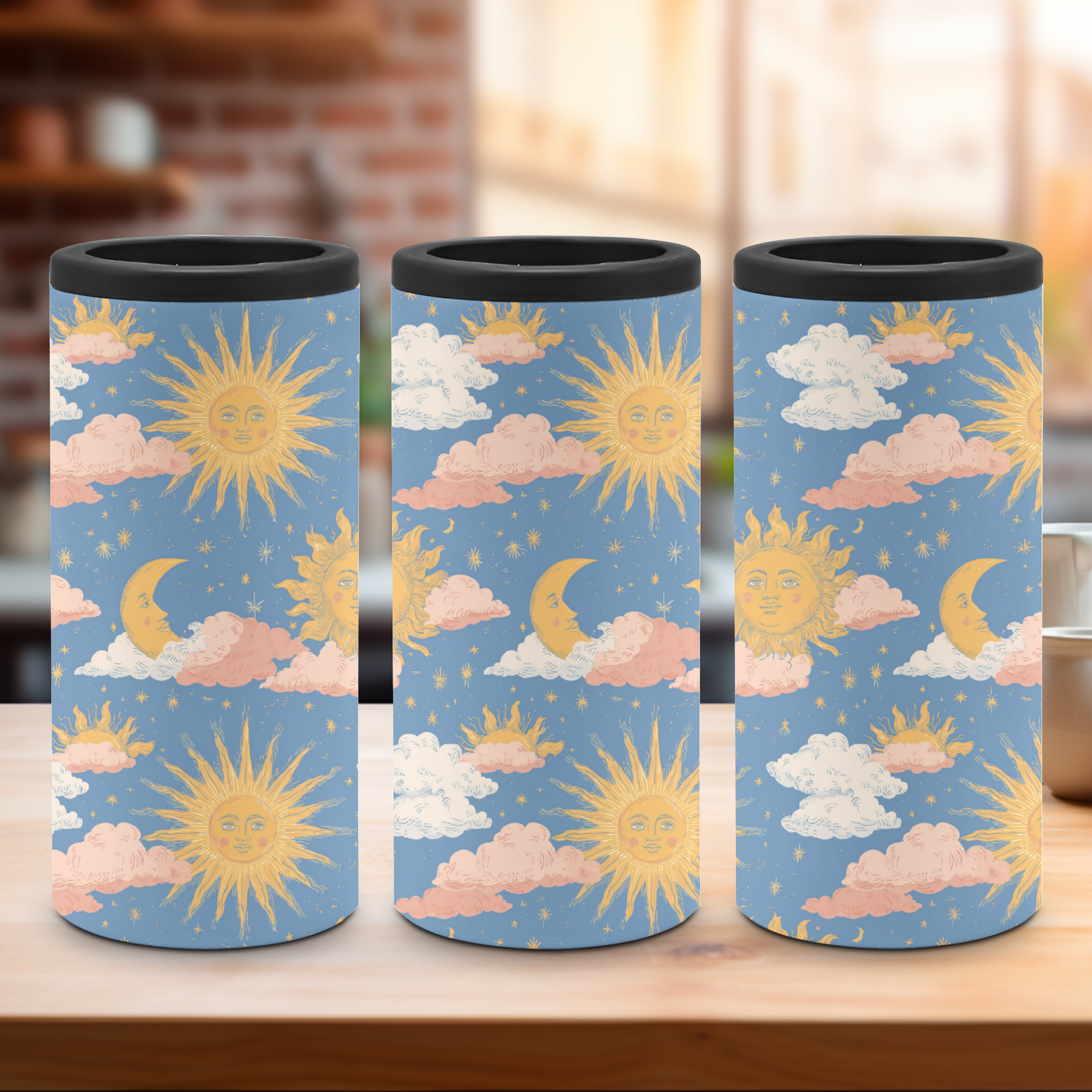 A slim can cooler set with a playful pattern