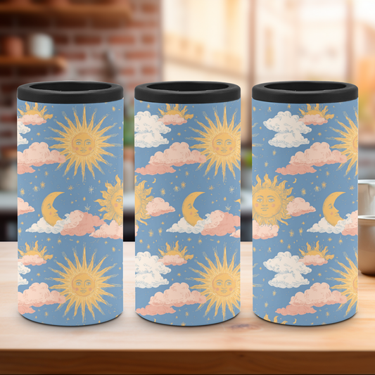 A slim can cooler set with a playful pattern