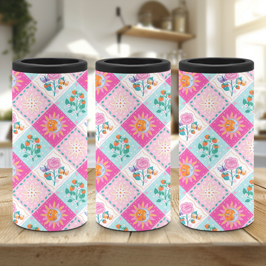 A slim can cooler set with a playful pattern