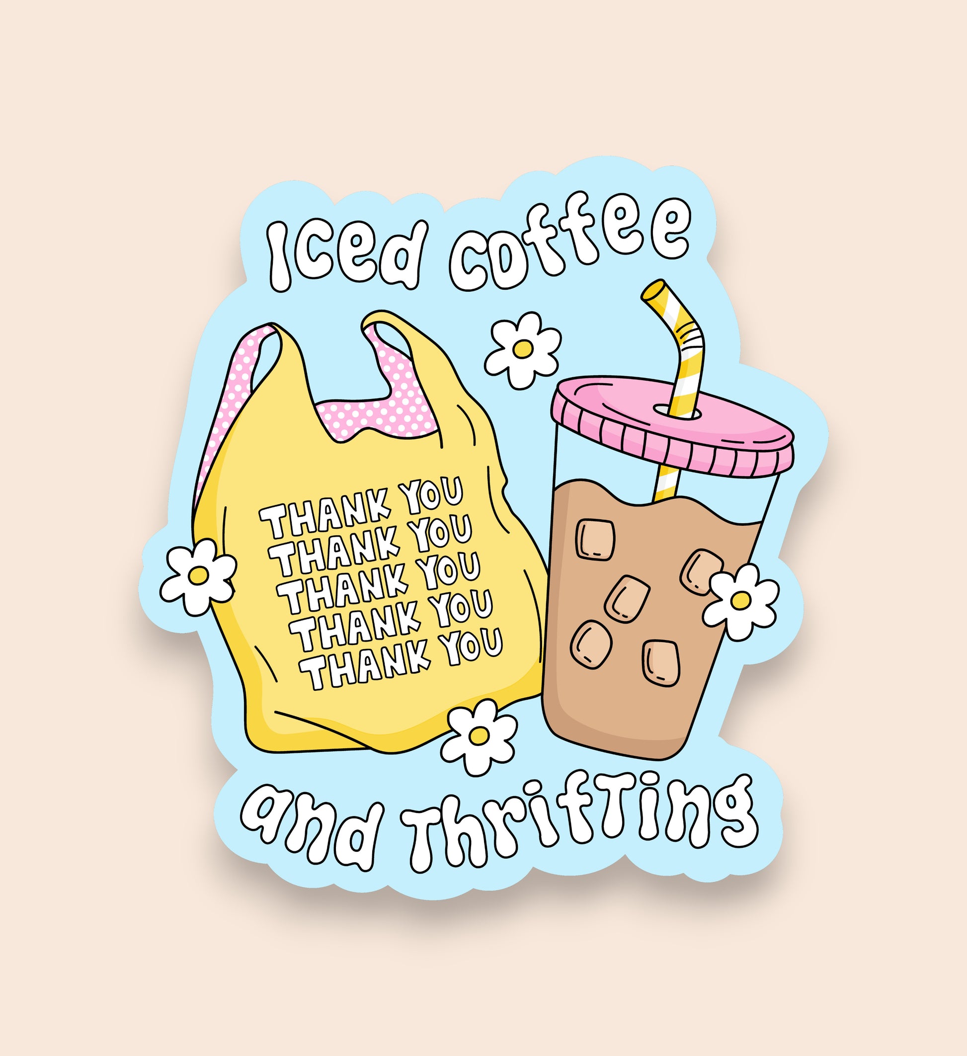 Sticker with iced coffee and reusable bag design on a beige background
