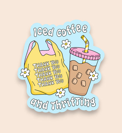 Sticker with iced coffee and reusable bag design on a beige background