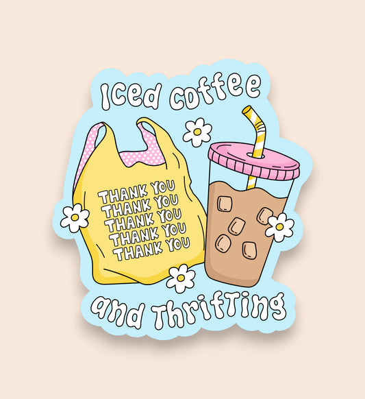 Sticker with iced coffee and reusable bag design on a beige background