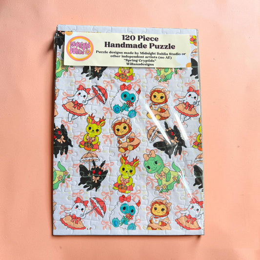 Handmade puzzle packaging with cartoon animal characters on a pink background