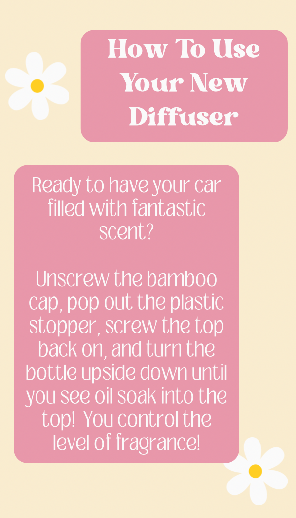 Instructions for using a diffuser on a light pink background with text and flower graphics.