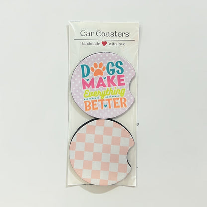 Packaged car coasters with a checkered design and 'Dogs Make Everything Better' text on a white background.