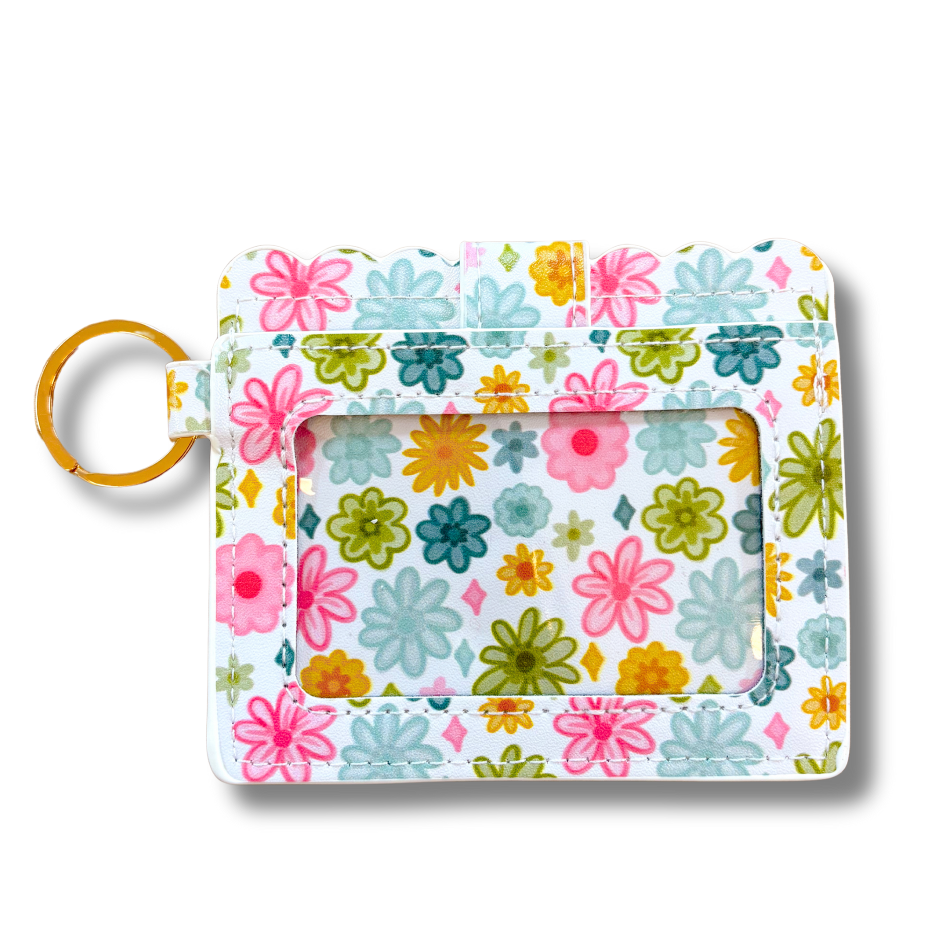 Floral patterned keychain with card holder on a white background