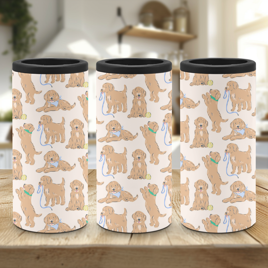 A slim can cooler set with a playful pattern