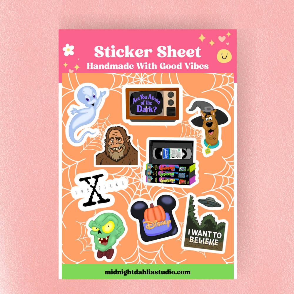 Sticker sheet with various stickers on a pink background