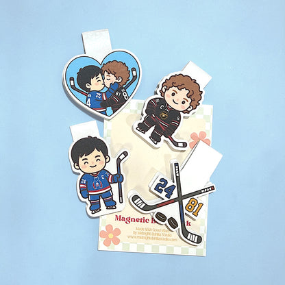 Set of hockey-themed magnets on a blue background