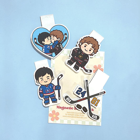 Set of hockey-themed magnets on a blue background
