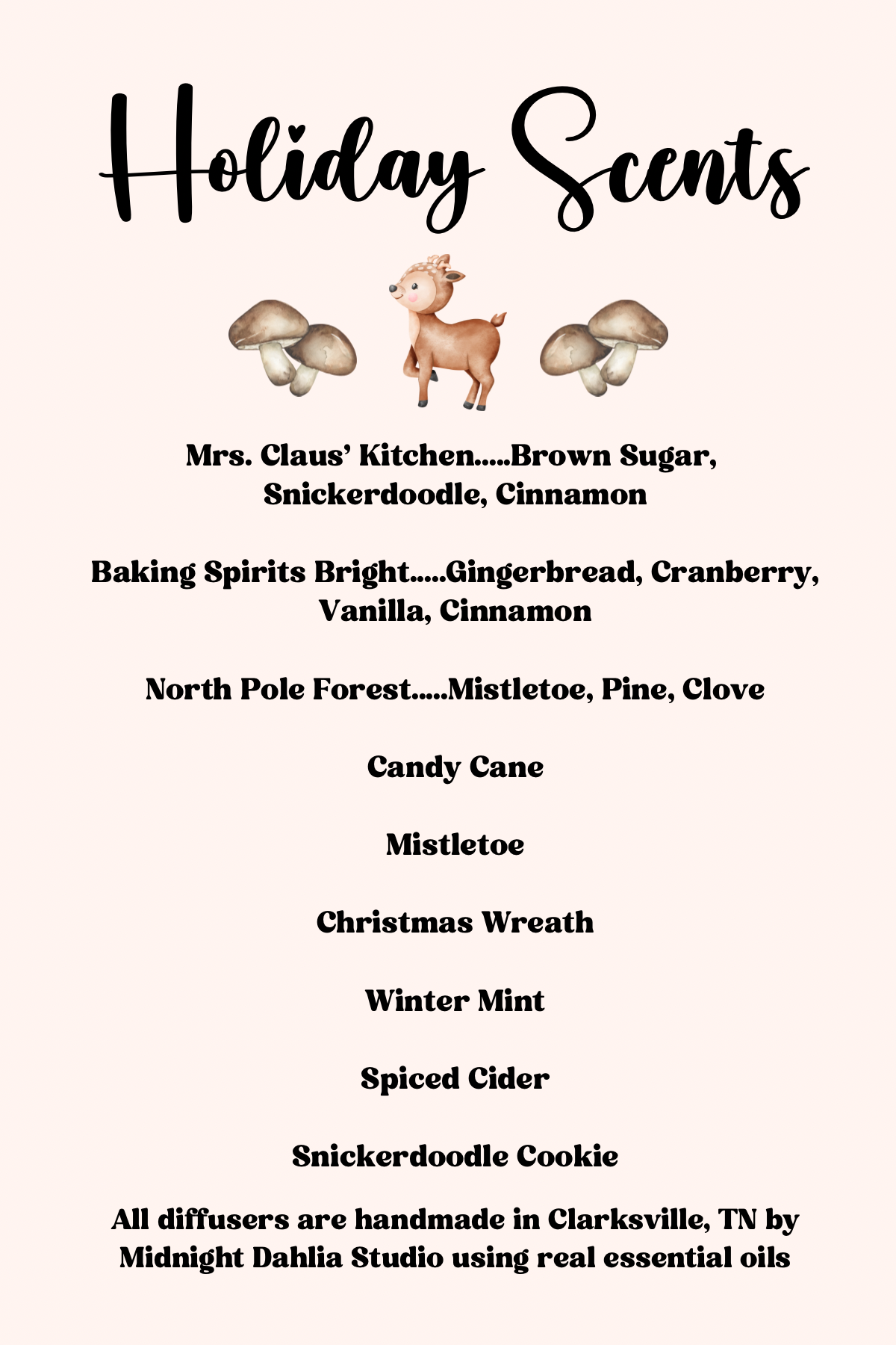 List of holiday scents with corresponding descriptions and branding information on a white background.