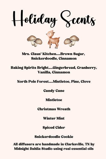 List of holiday scents with corresponding descriptions and branding information on a white background.